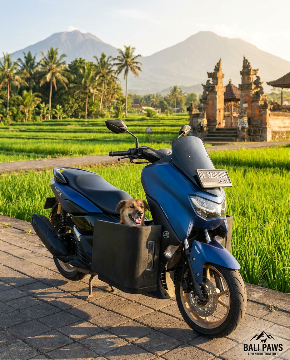 Blue Yamaha NMAX with a Bali Paws dog pod parked in front of rice paddies and Mount Agung