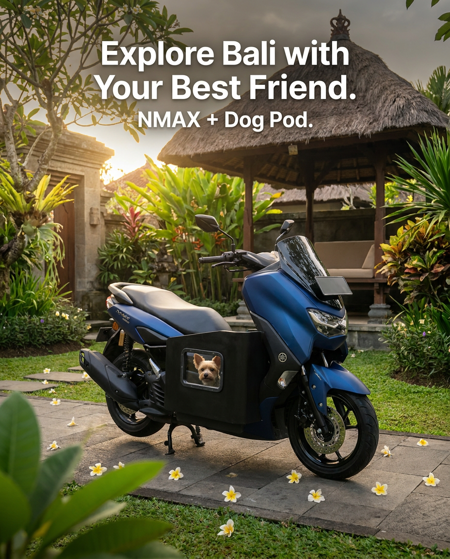 Navy Dharma's Dog Pod with side window on a blue Yamaha NMAX in a Bali garden