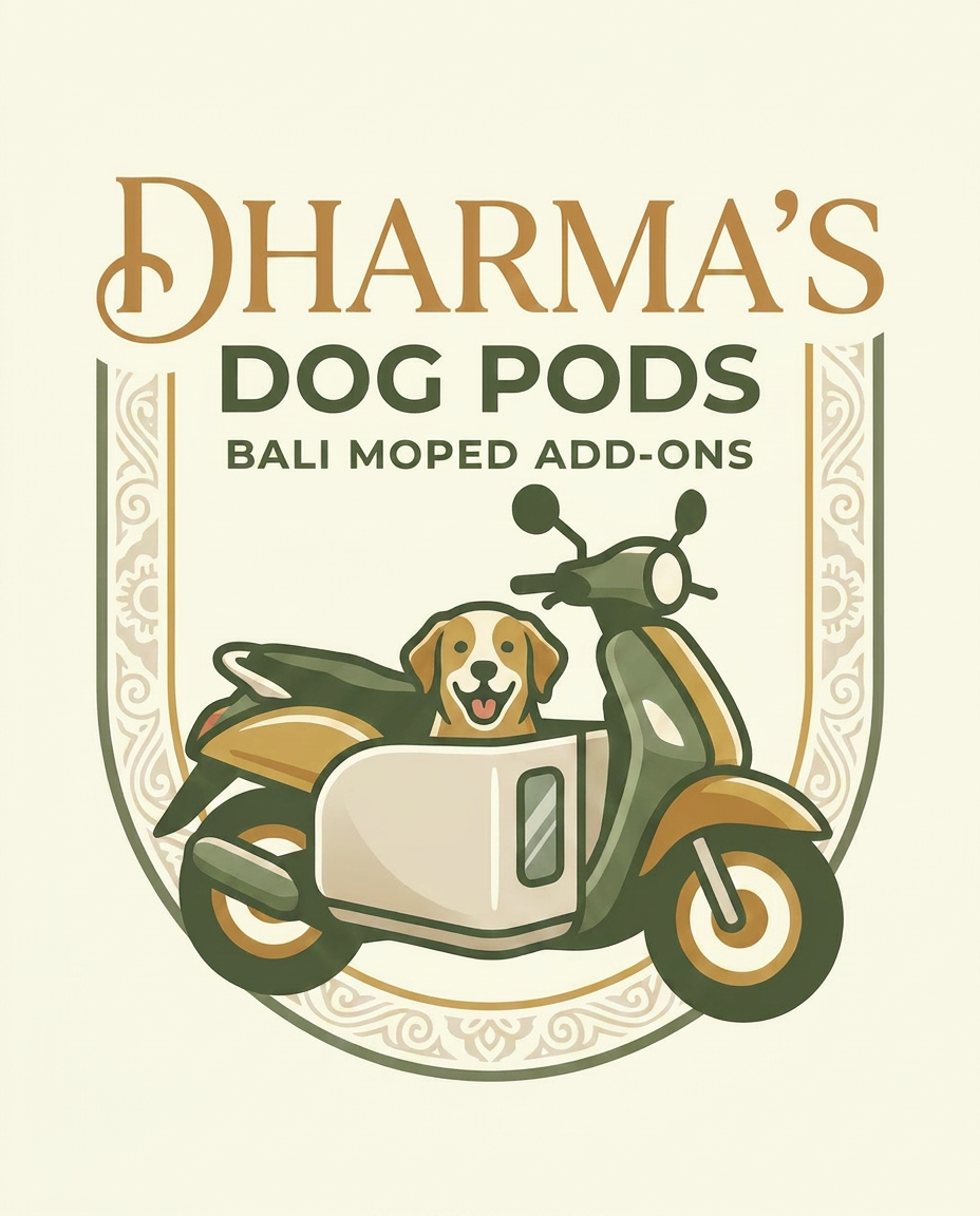 Dharma's Dog Pods Bali — moped add-ons illustration with a dog in a fibreglass pod