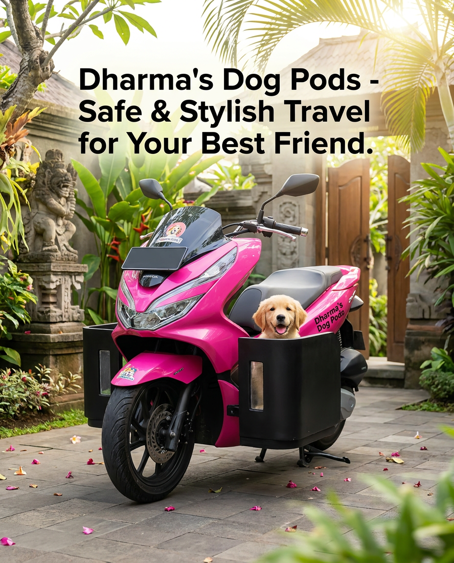 Bright pink moped with a custom Dharma's Dog Pod and a happy puppy looking out the window in Bali