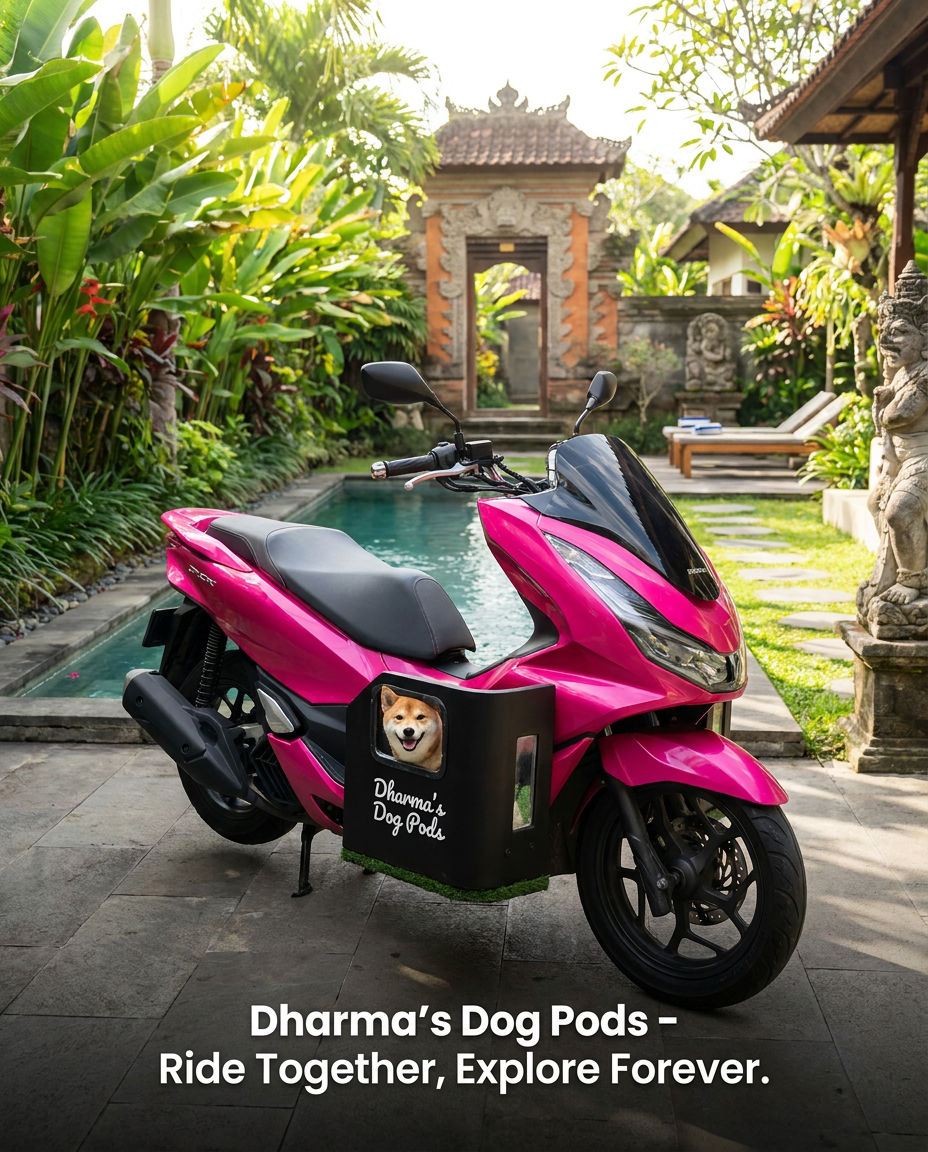 Pink Honda PCX with a Dharma's Dog Pod featuring two windows beside a pool in Ubud, Bali