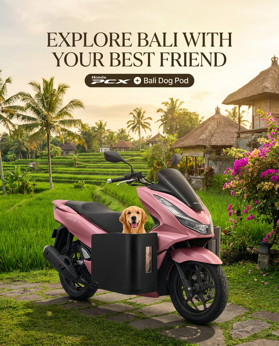 Pink Honda PCX with a Bali Dog Pod and golden retriever inside, parked among rice fields